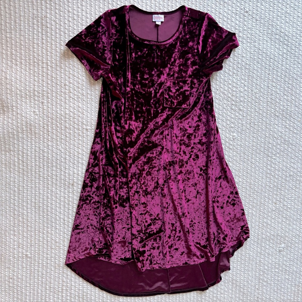 Medium Lularoe Crushed Velvet Carly Christmas Party Hi Low Dress Burgundy Red